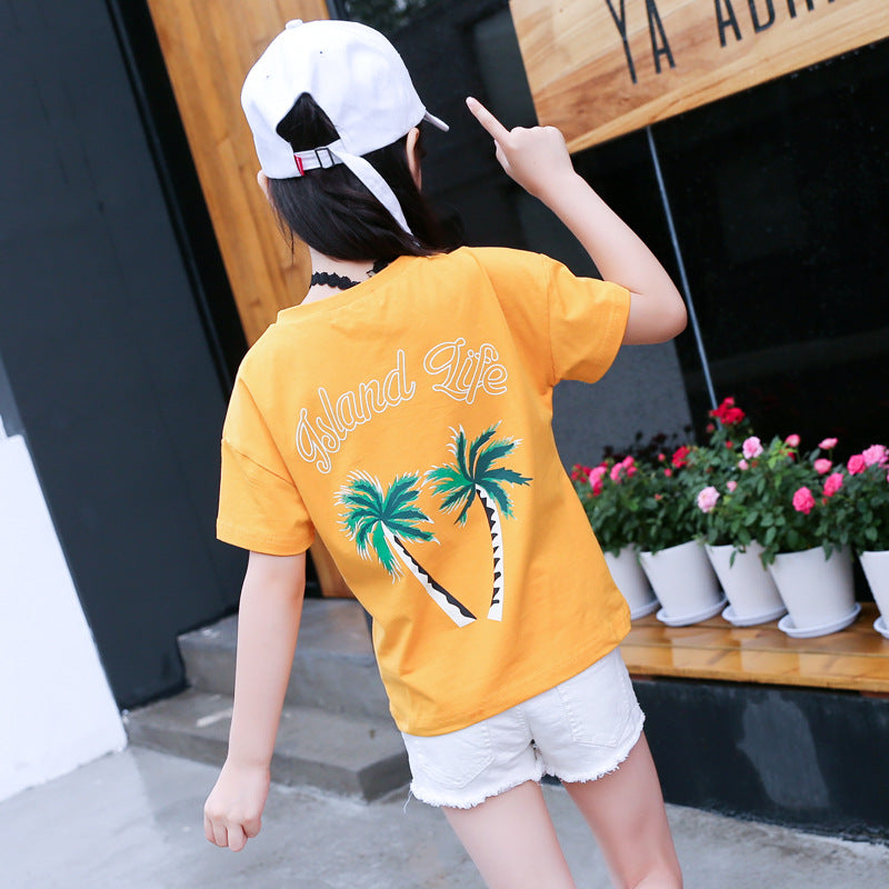Unisex Kids Coconut Tree Palmtree Printing Cotton Short-Sleeved T-Shirt