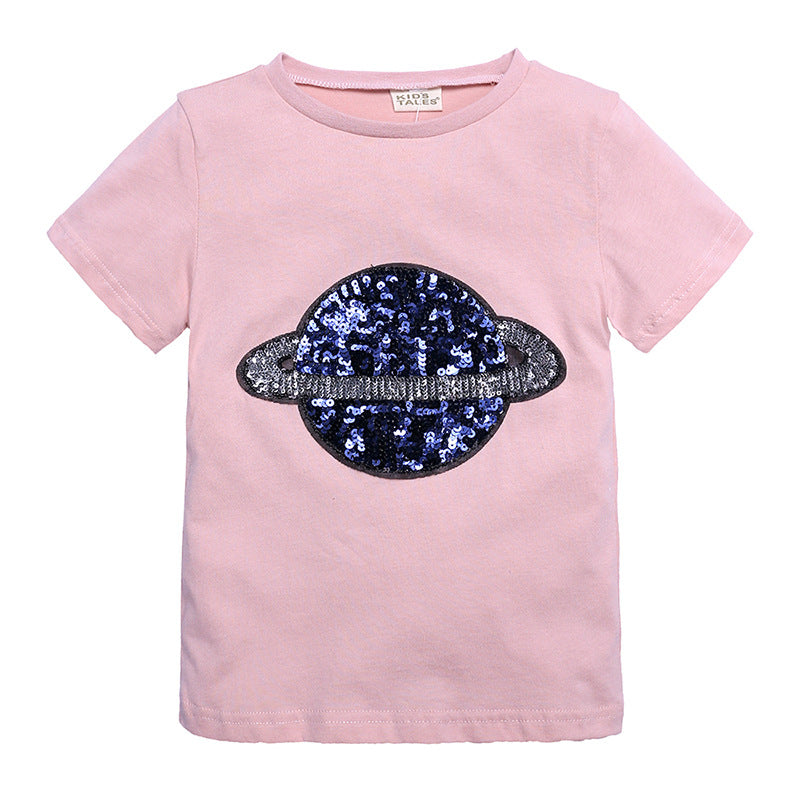 Kids Casual Round Neck Short Sleeve Sequin Star Design T-shirt