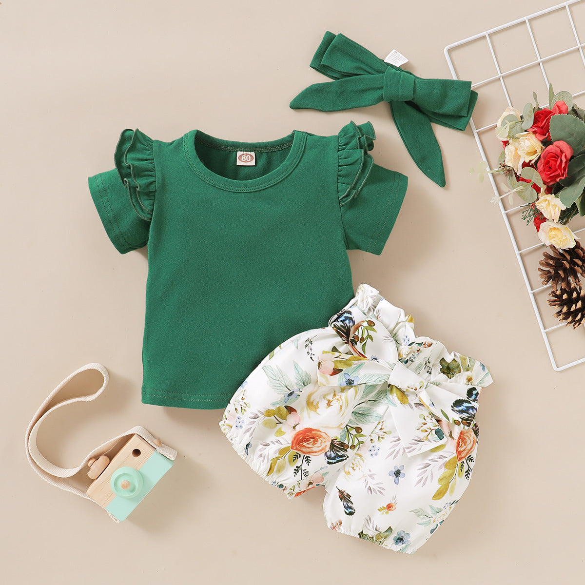 Toddlers Newborn Baby Girls Solid Color Short-Sleeved Top And Flower Shorts Hairband 3pcs Set