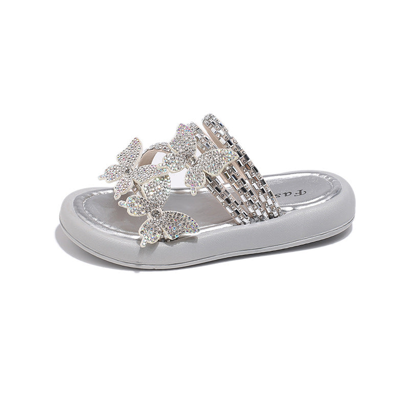Kids Girls Casual Cute Rhinestone Butterfly Flat Slippers