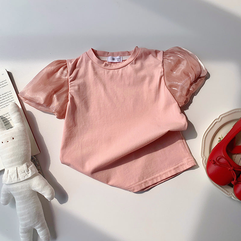 Kids Toddler Girls Casual Cute Solid Color Puff Sleeve Round Neck T-Shirt