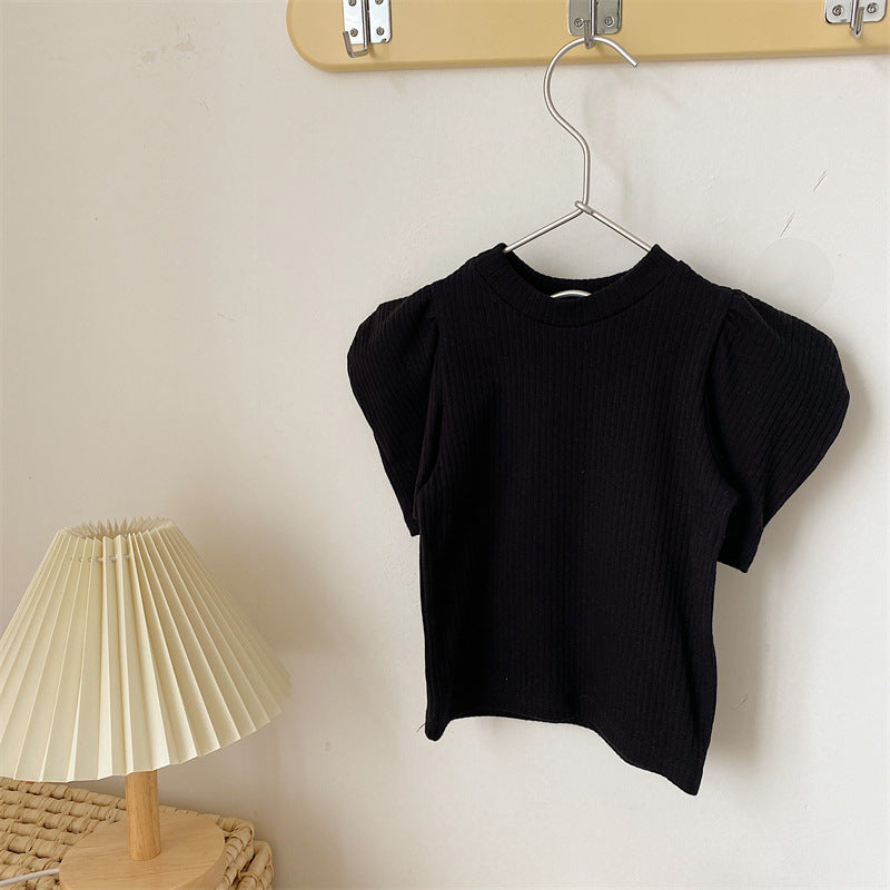 Kids Girls Basic Solid Color Puff Sleeve Round Neck Pit Stripe T-shirt
