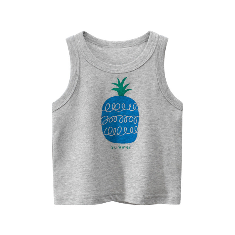 Kids Cute Cartoon Fruit Pear Pineapple Pattern Round Neck Sleeveless T-shirt