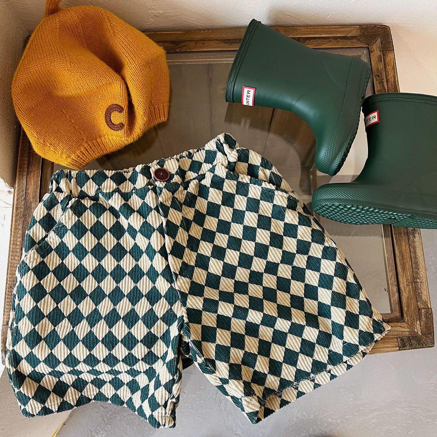 Kids Casual Plaid All Over Print Elastic Loose Corduroy Shorts