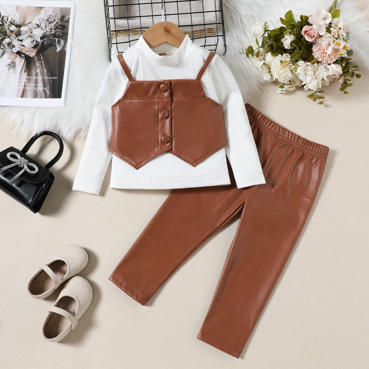 Autumn And Winter Girls Fashion Leather Trousers Three-Piece Set