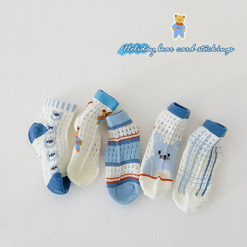 5pairs/set Kids Cute Cartoon Striped Comfortable Breathable Socks