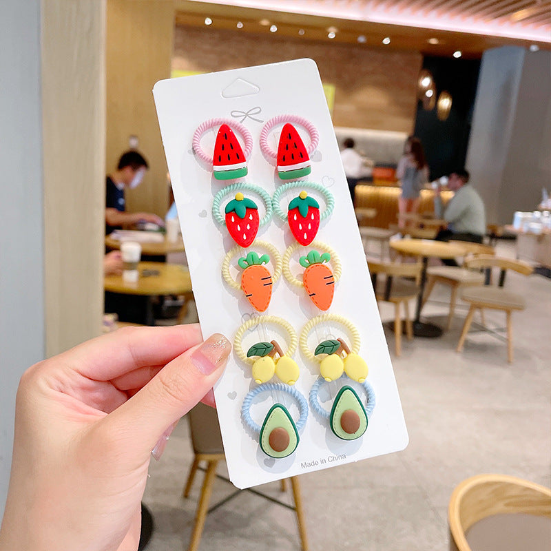 10pcs/set Girls Cute Cartoon Fruit Mini Elastic Hair Band