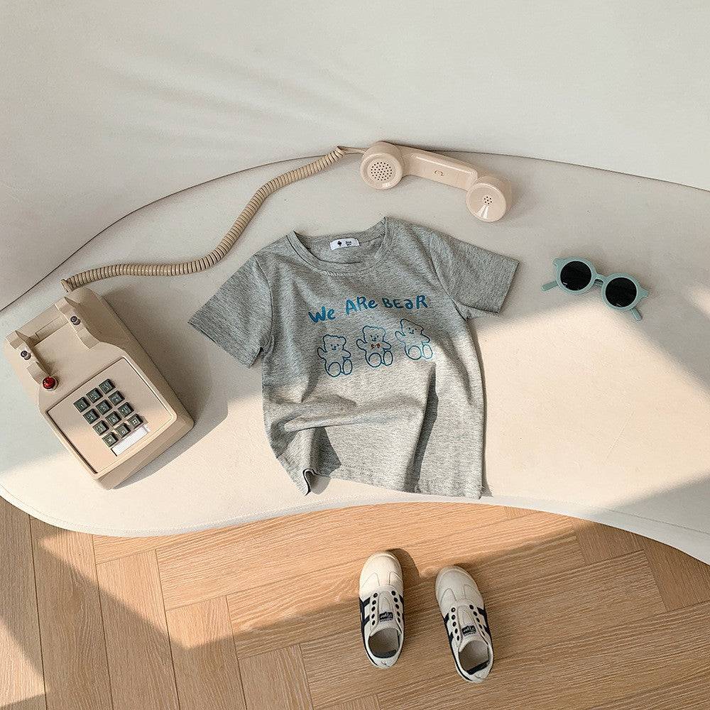 Kids Casual Cartoon Bear Letter Pattern Round Neck Short Sleeve Loose T-shirt