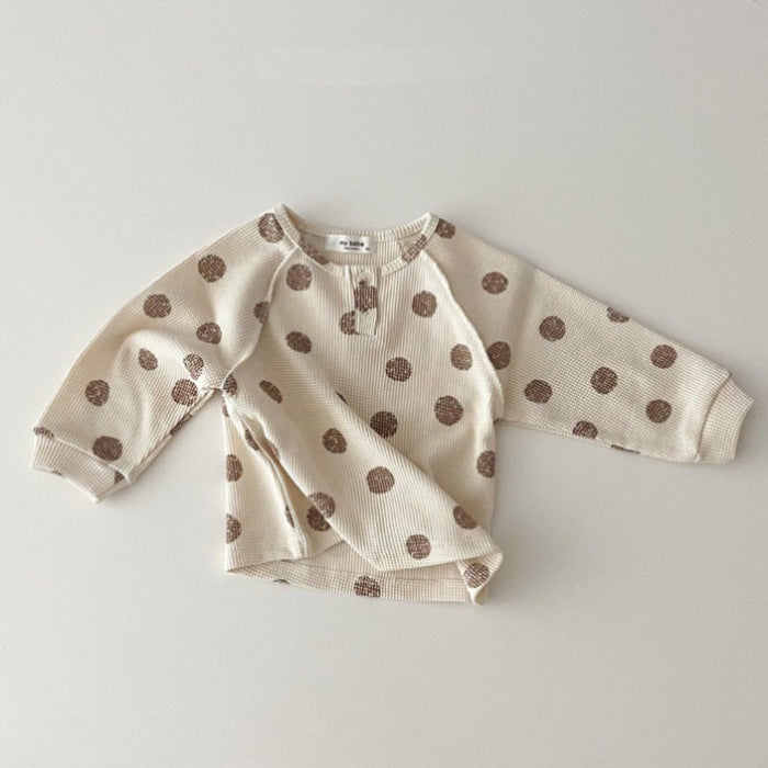 Kids Baby Boys Girls Casual Cute Stripe Polka Dot Waffle Long Sleeve Round Neck T-Shirt