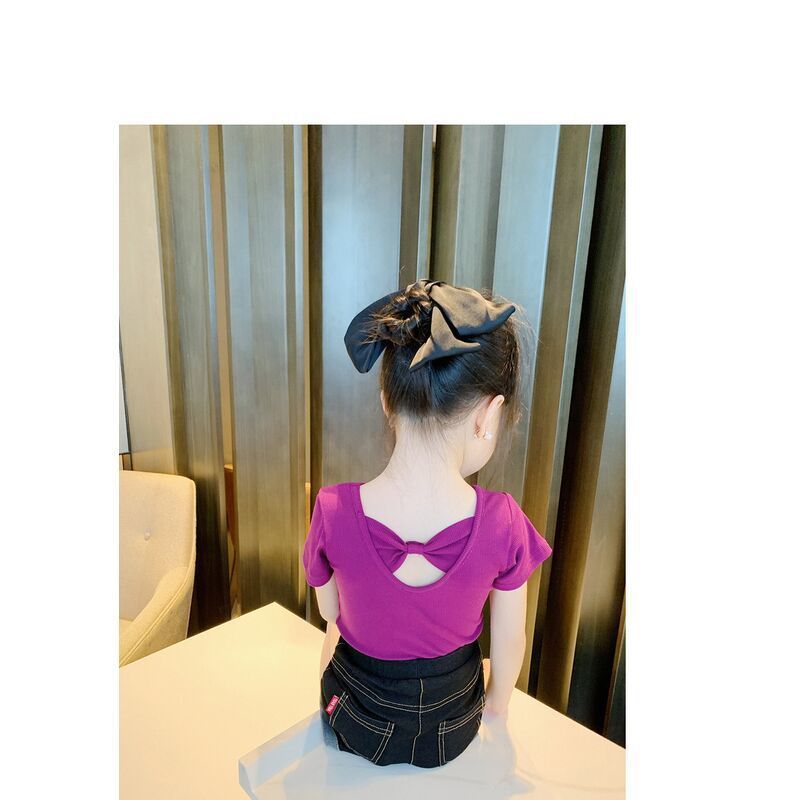 Children Kids Baby Fashion Girls Casual Basic Short Sleeve Solid Color Bowknot T-Shirt