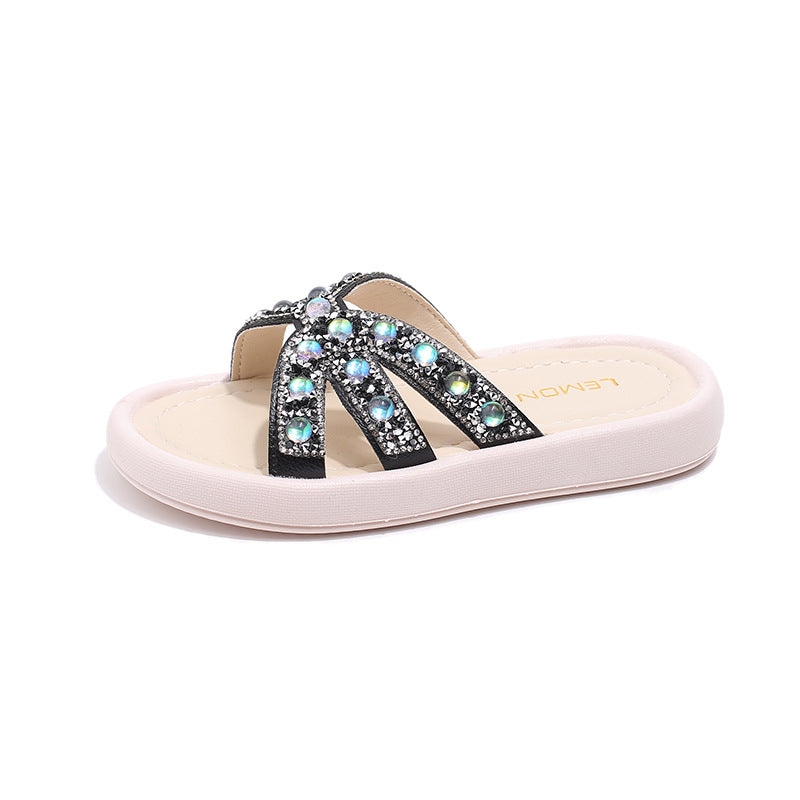 Kids Girls Casual Cute Rhinestone Flat Thick-Soled Slippers
