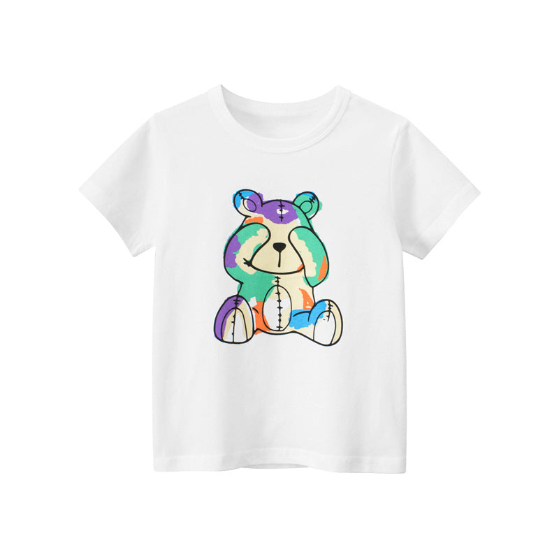 Children Kids Baby Fashion Boys Short Sleeve Cartoon Bear Print Basic Round Neck T-Shirt