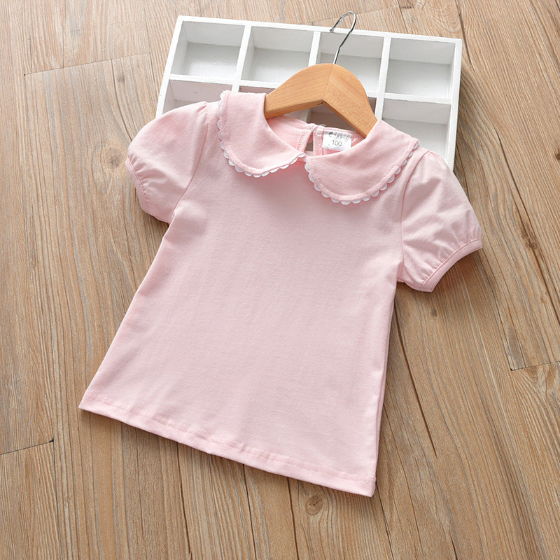 Kids Girls Basic Solid Color Doll Collar Short Sleeve T-shirt