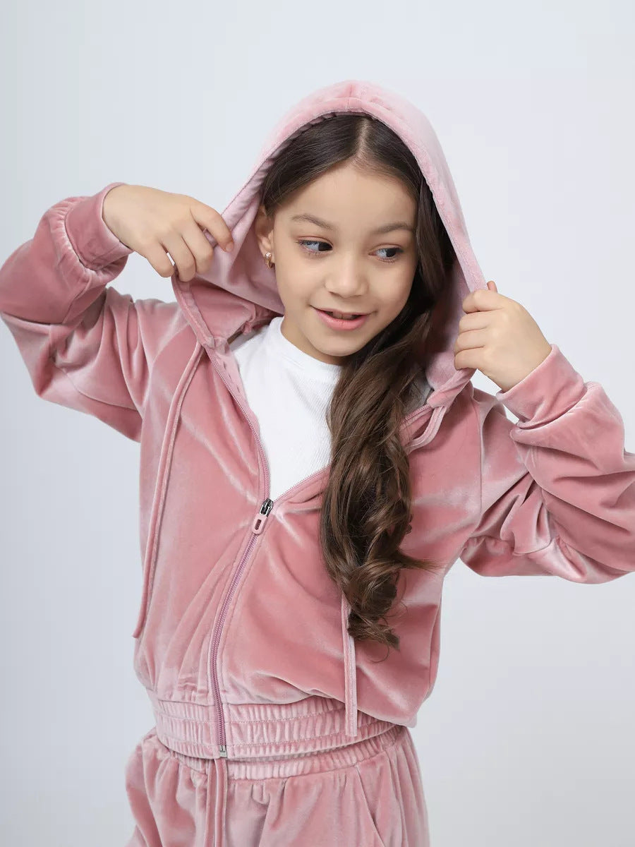 Autumn And Winter Toddler Girls Sports Velvet Zipper Hoodie Pants Casual Two-Piece Set