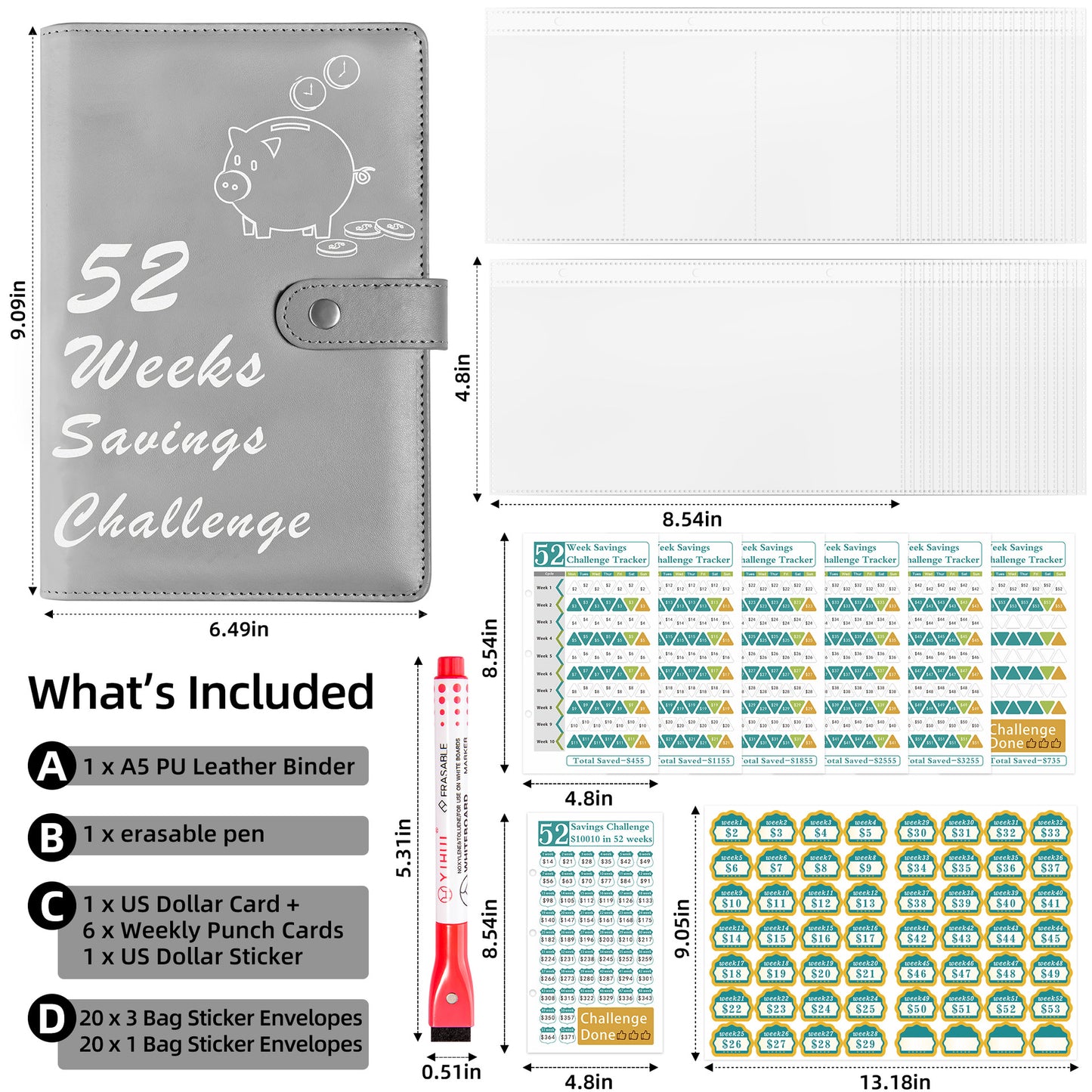 52 Weeks Savings Challenge Loose Paper Book.