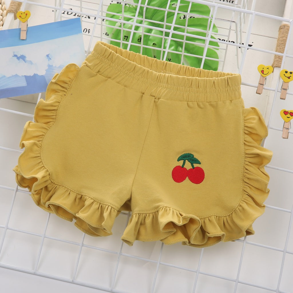 Kids Toddler Girls Fashion Cherry Embroidered Wood Ear Shorts