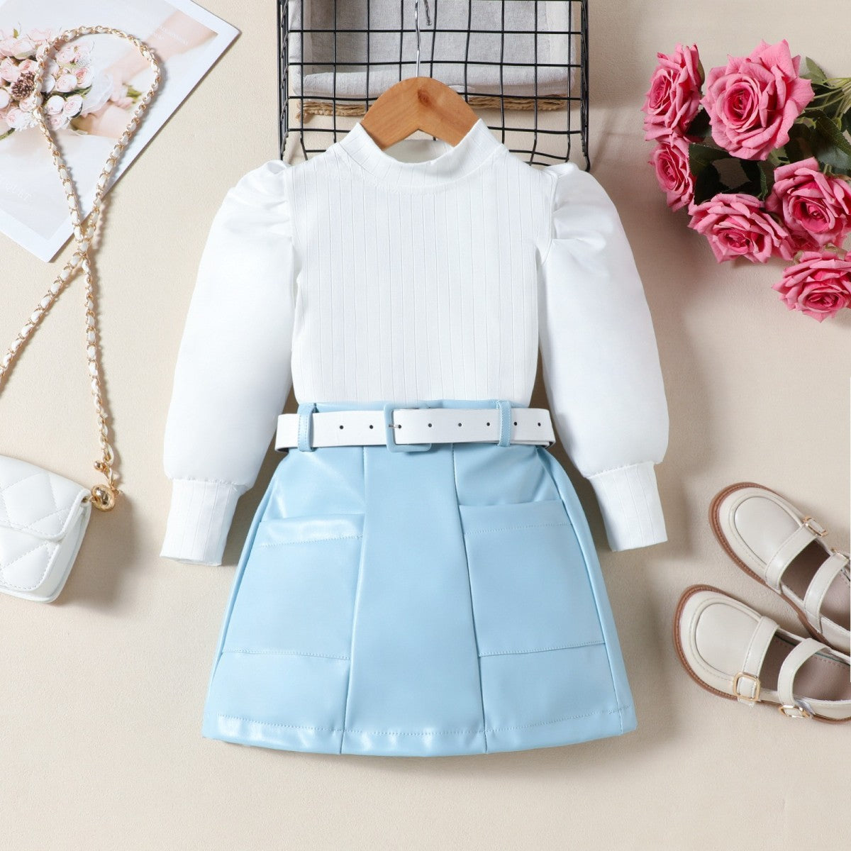 Autumn And Winter Girls Fashion Puff Sleeve Top Pu Leather Skirt Set