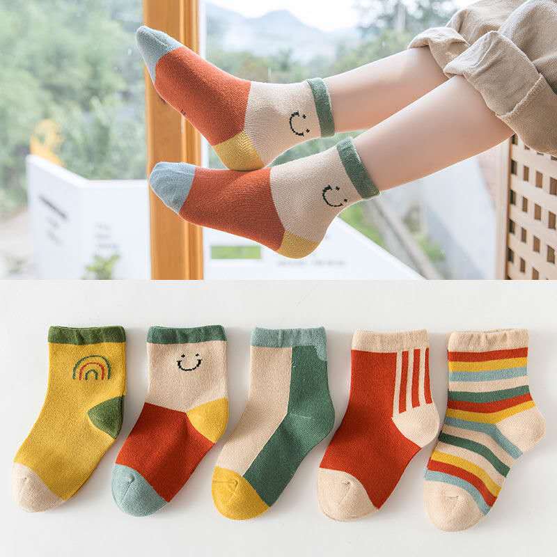 5 Pairs /Lot Cute Baby Socks Autumn Rainbow Striped Cotton Socks For Children Toddlers Cotton Socks
