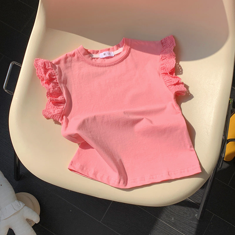 Kids Toddler Girls Casual Cute Solid Color Lace Cap Sleeve Round Neck T-Shirt