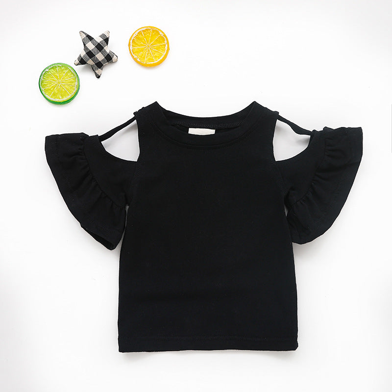Baby Girls Simple Round Neck Short Sleeve Solid Color Cut Out Ruffled T-shirt
