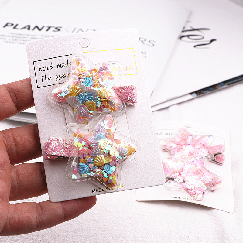 2pcs/set Girls Cute Glitter Star Quicksand Design Hairpin