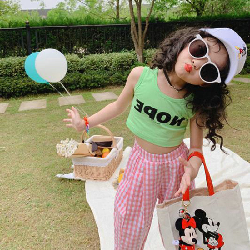 Kids Girls Basic Round Neck Sleeveless Letter Pattern T-shirt