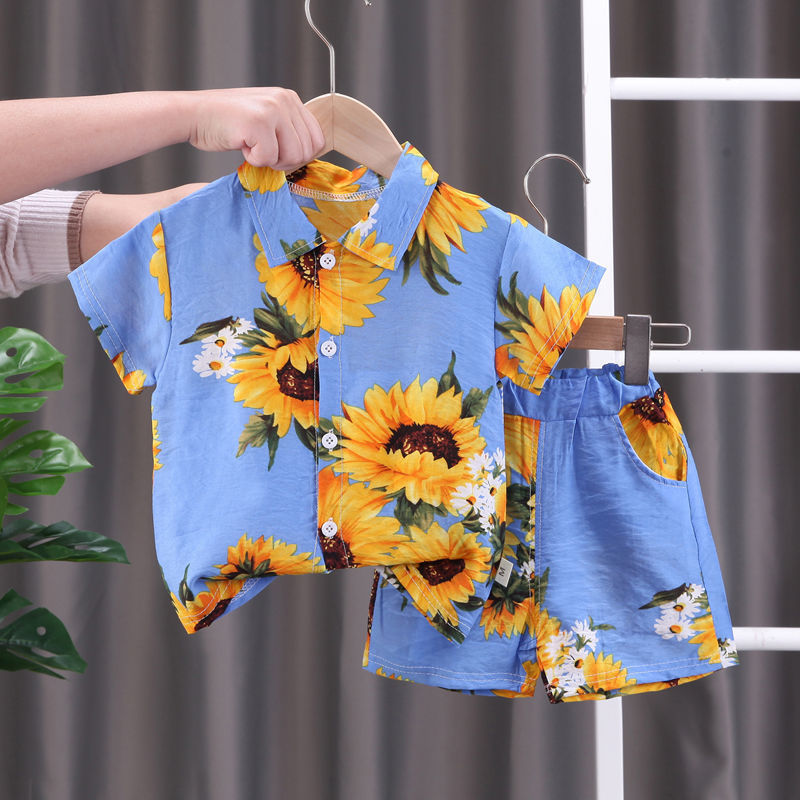 Boys' Fashion Short-Sleeved Printed Shirt Shorts Two-Piece Set