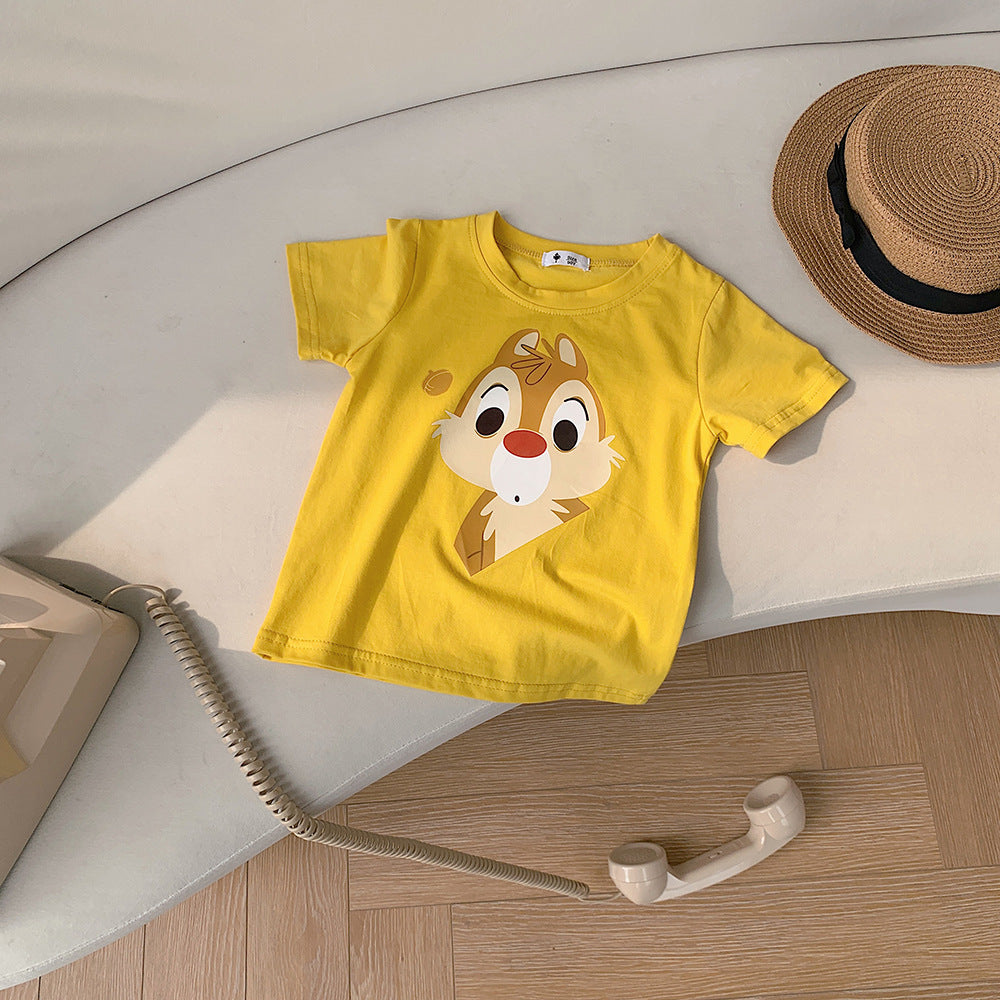 Kids Casual Cartoon Animal Squirrel Pattern Round Neck Short Sleeve Loose T-shirt