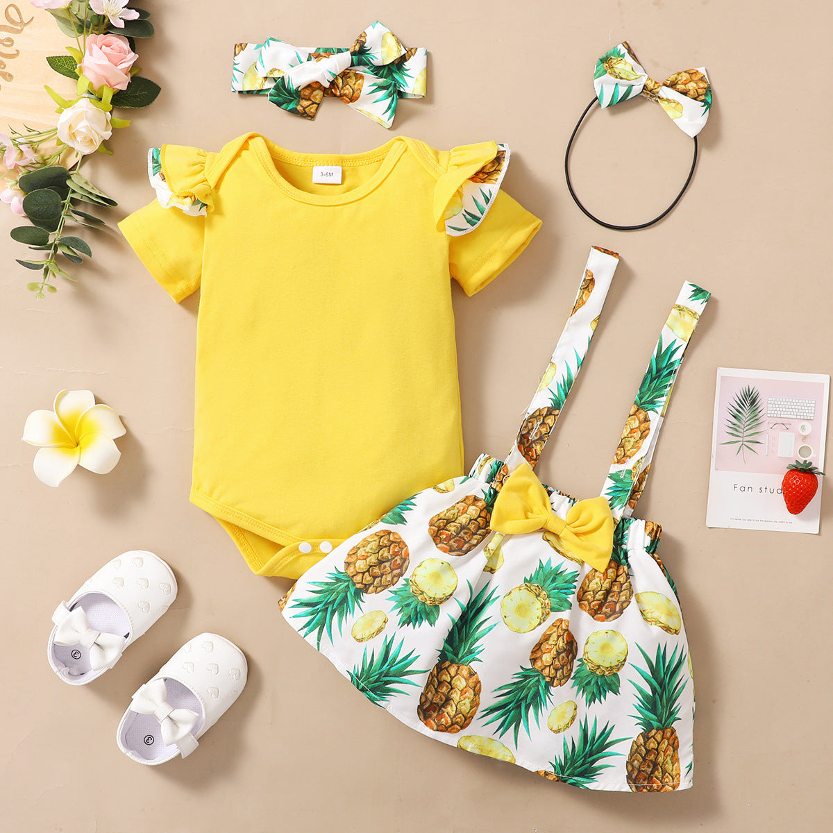 Toddlers Newborn Baby Girls Solid Color Short Sleeves Bodysuit And Fruit Print Strap Skirt Set