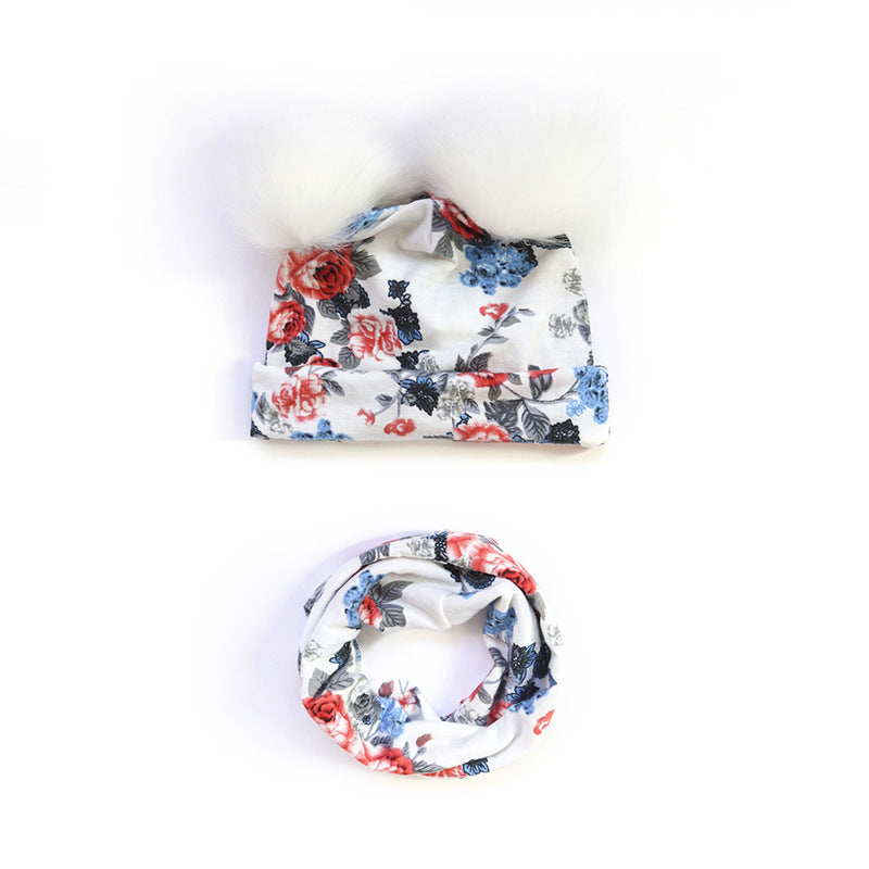 Toddlers Newborn Baby Printed Fur Cap And Bib Set