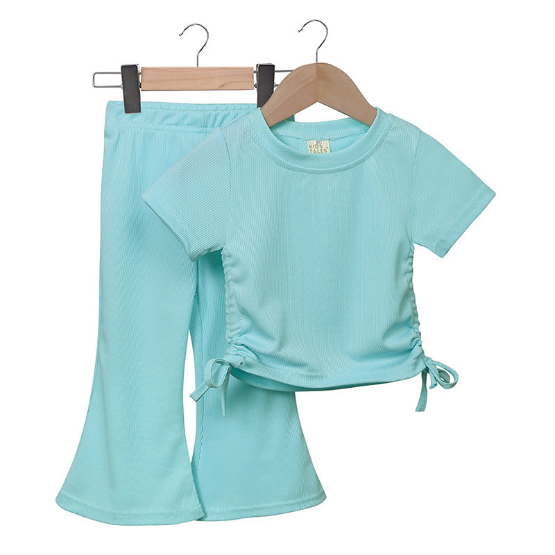 Kids Toddler Girls Casual Cute Solid Color Short Sleeve T-Shirt Flare Trousers Sets