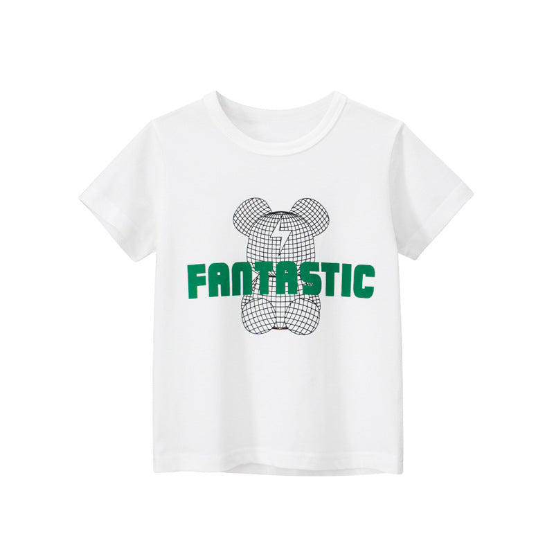 Children Kids Baby Fashion Boys Short Sleeve Bear Letter Print Basic Round Neck T-Shirt