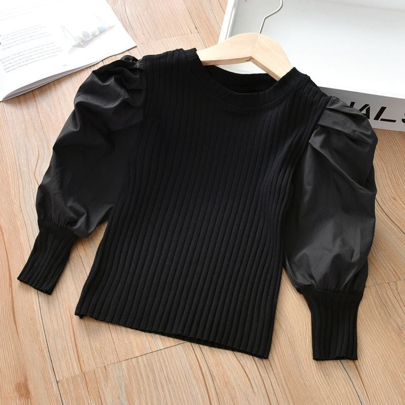 Kids Toddler Girls Fashion Casual Solid Color Rib-Knit Puff Sleeve T-Shirt