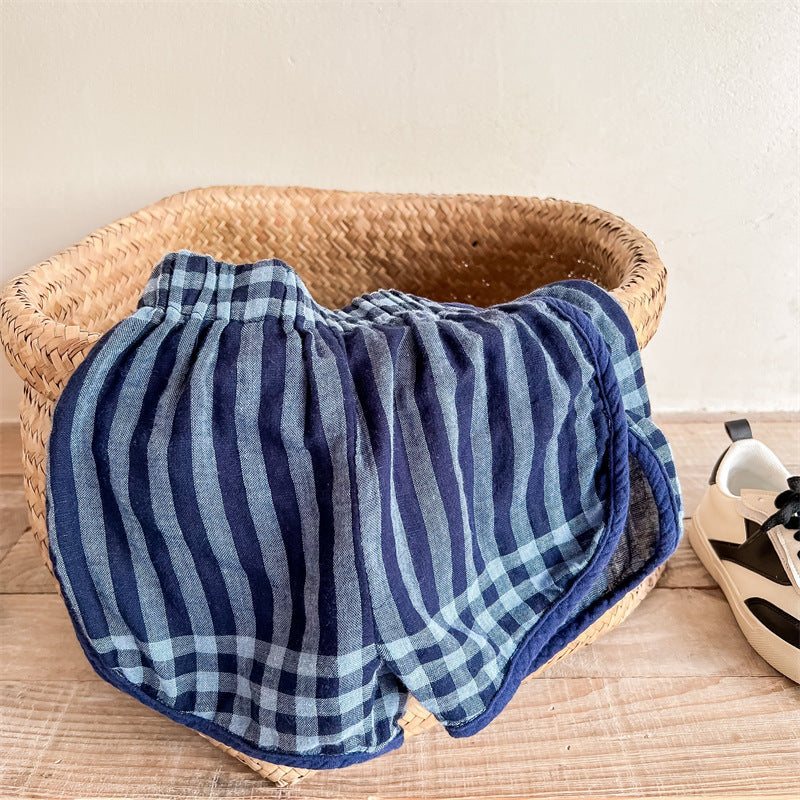 Kids Girls Casual Stripe Plaid Color Blocking Elastic Waist Loose Shorts