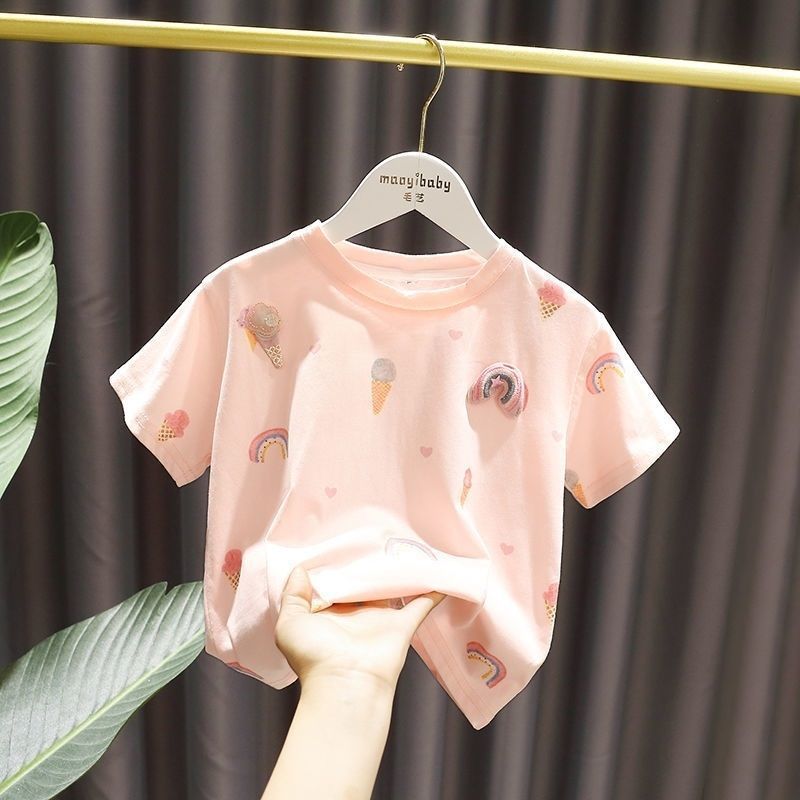 Kids Girls Cute Flower Decor Round Neck Short Sleeve Ruffled T-shirt