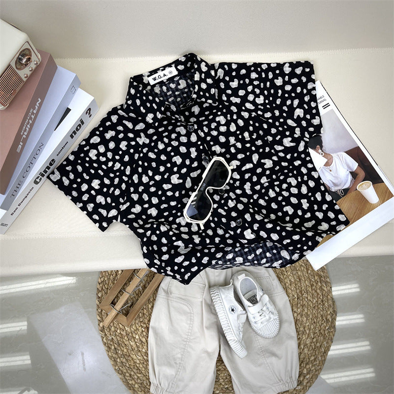 Boy Fashion Casual Leopard Lapel Short-Sleeve Blouse
