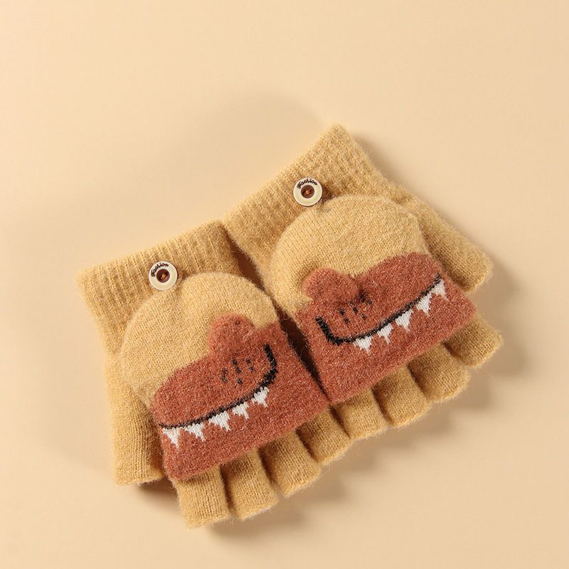 Winter Children Cartoon Half Finger Flap Dinosaur Warm Thickened Half Finger Gloves