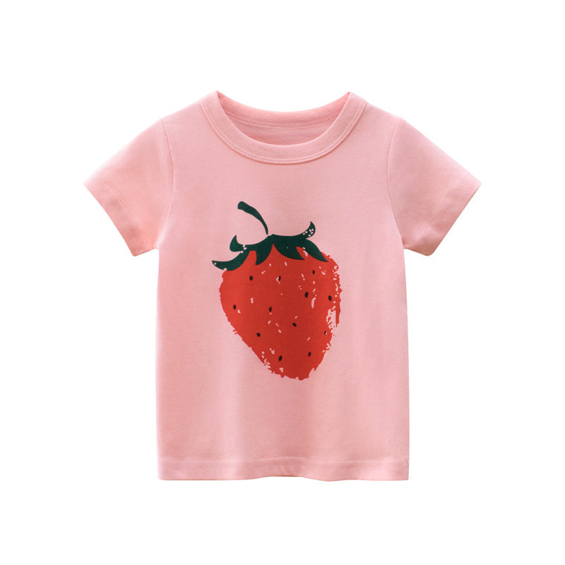 Kids Casual Round Neck Short Sleeve Cartoon Fruit Strawberry Pineapple Print Loose T-shirt