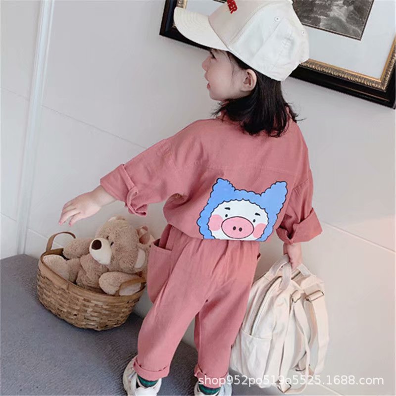 Girls Solid Color Cartoon Lapel Cute Shirt Pants Set