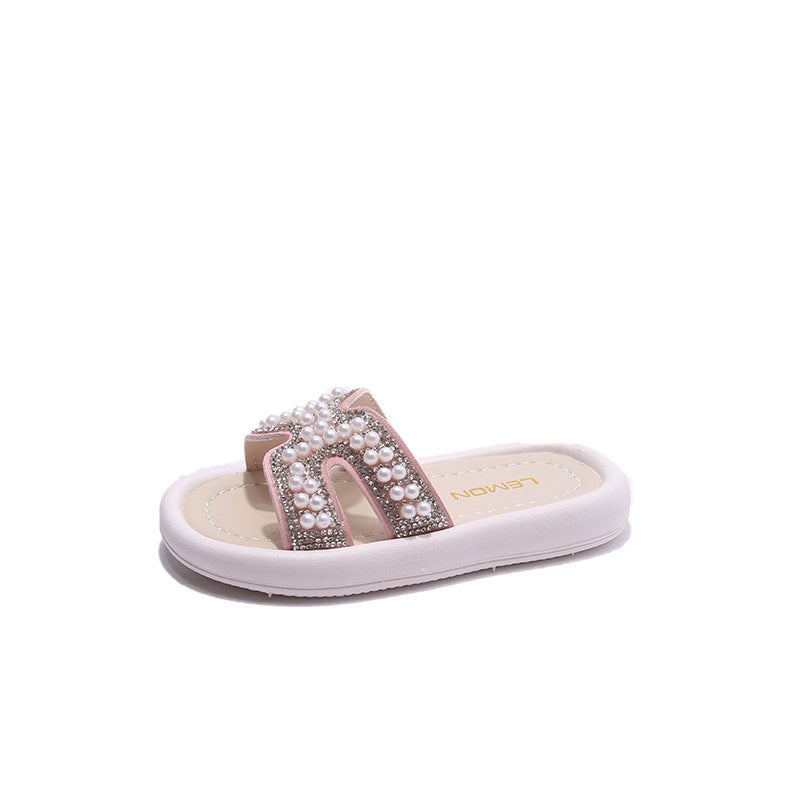 Children Kids Baby Fashion Girls Rhinestone Pearl Casual Outdoor Slippers Shoes