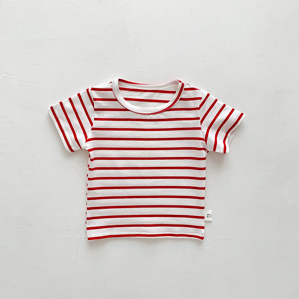 Kids Baby Fashion Casual Solid Color Stripe Cotton Round Neck Short-Sleeve T-Shirt