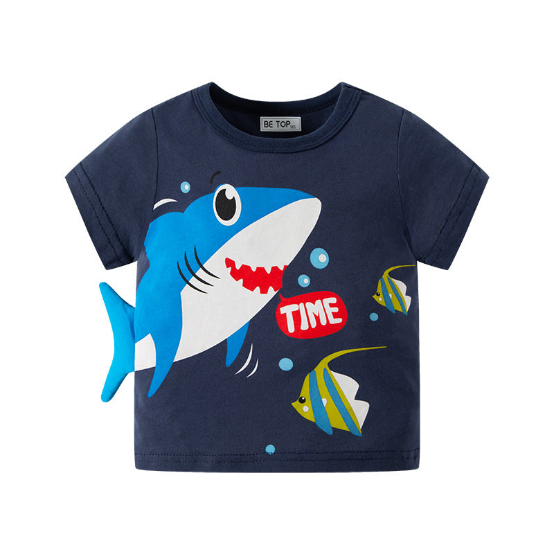 Kids Toddler Boys Casual Cute Cartoon Shark Print Short Sleeve Round Neck T-Shirt