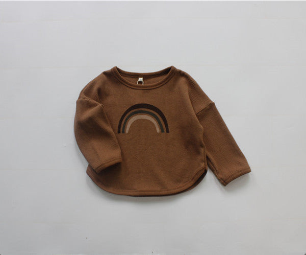 Kids Toddler Boys Girls Casual Cute Rainbow Stripe Waffle Long Sleeve Round Neck T-Shirt