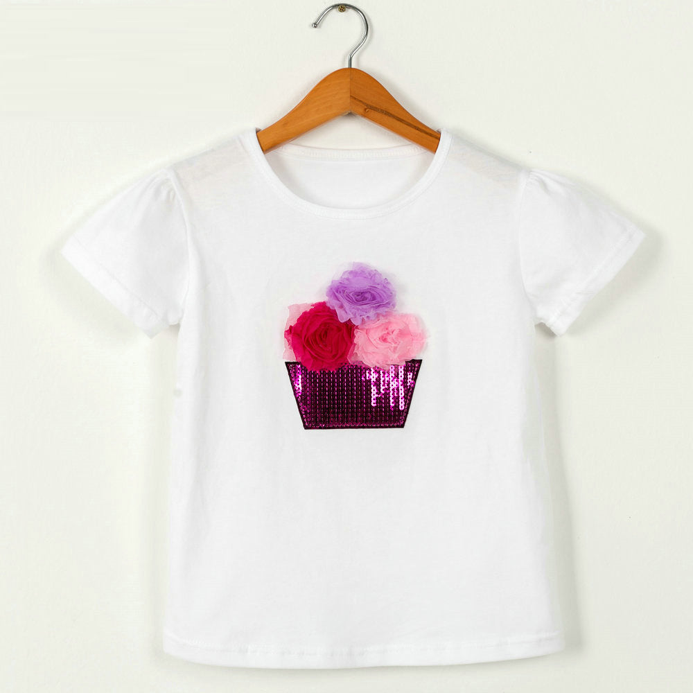 Children Kids Baby Fashion Girls Casual Basic Short Sleeve Sequin Flower T-Shirt