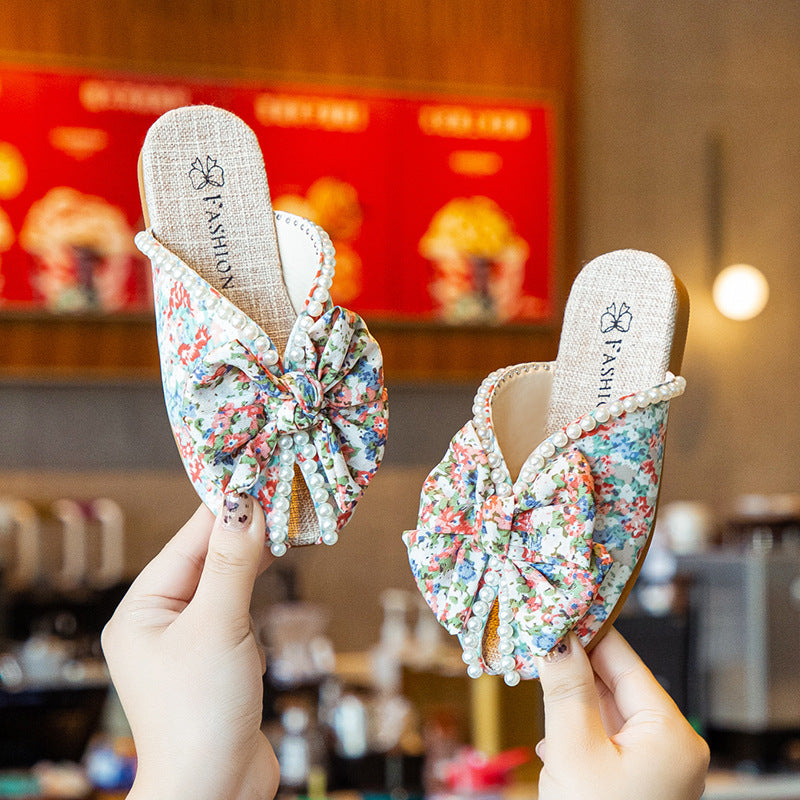 Girls Pastoral Bow Pearl Decor Soft Bottom Floral Peep-toe Slippers