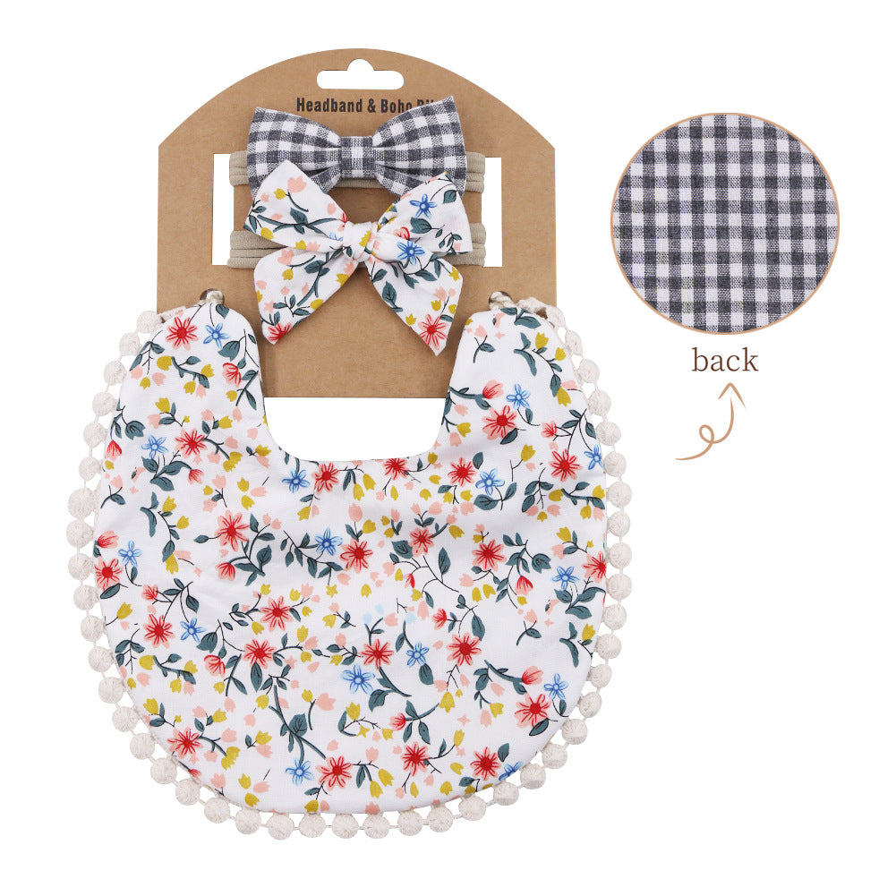 Baby Basic Floral Tassels Bib And Headband Accessories Set