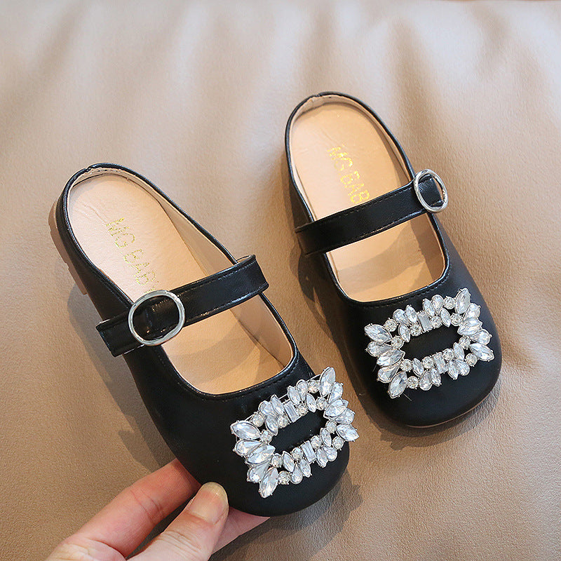 Children Kids Toddlers Fashion Girls Rhinestones Design Slippers Princess Pu Leather Shoes