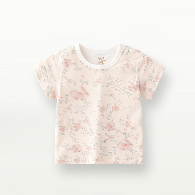Kids Toddler Boys Girls Casual Cute Tiny Flower Print Short Sleeve Round Neck T-Shirt