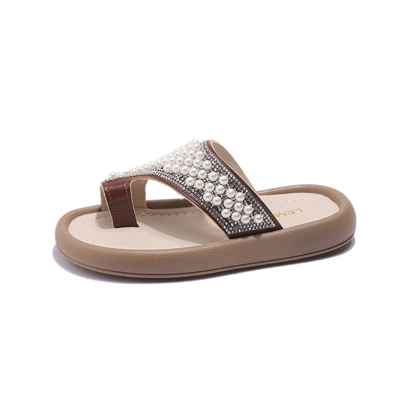 Kids Girls Casual Cute Pearl Rhinestone Slippers