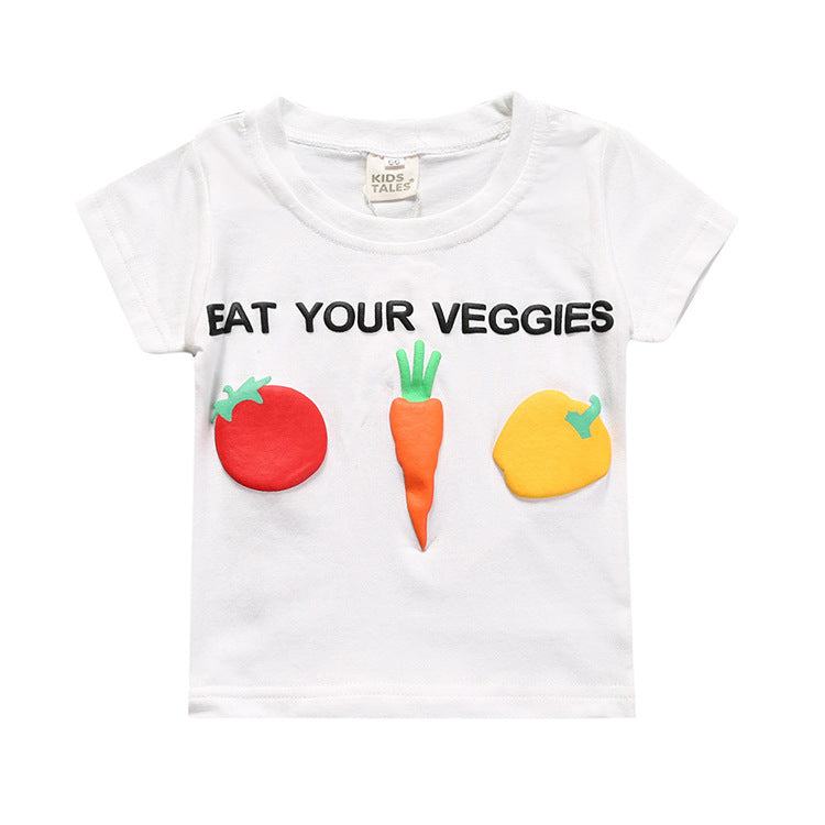 Kids Casual Round Neck Short Sleeve Cartoon Carrot Pattern Basic T-shirt